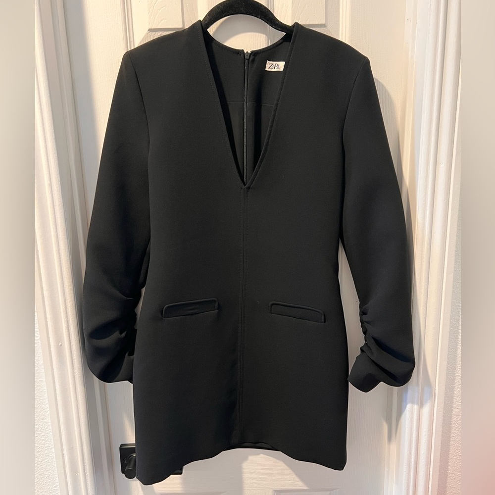 Zara Black V-Neck Structured Blazer Dress